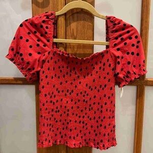 Red Polka Dot Smocked Puff Sleeve Women's Top